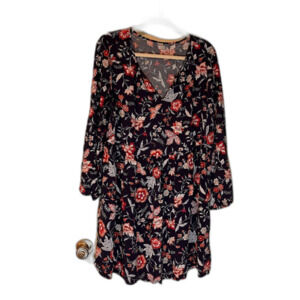 Old Navy Blue w/Multicolored Floral Print Long Sleeve V Neck Shift Dress SZ L